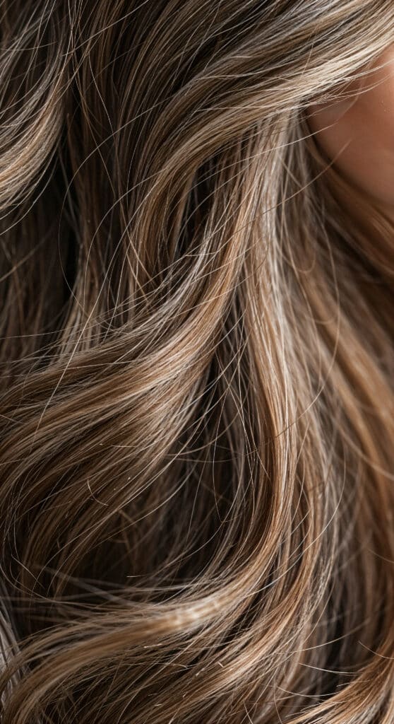 Dettaglio di capelli ondulati castano-biondi con riflessi naturali, risultato colore e styling da New Identity Hair a Terracina.